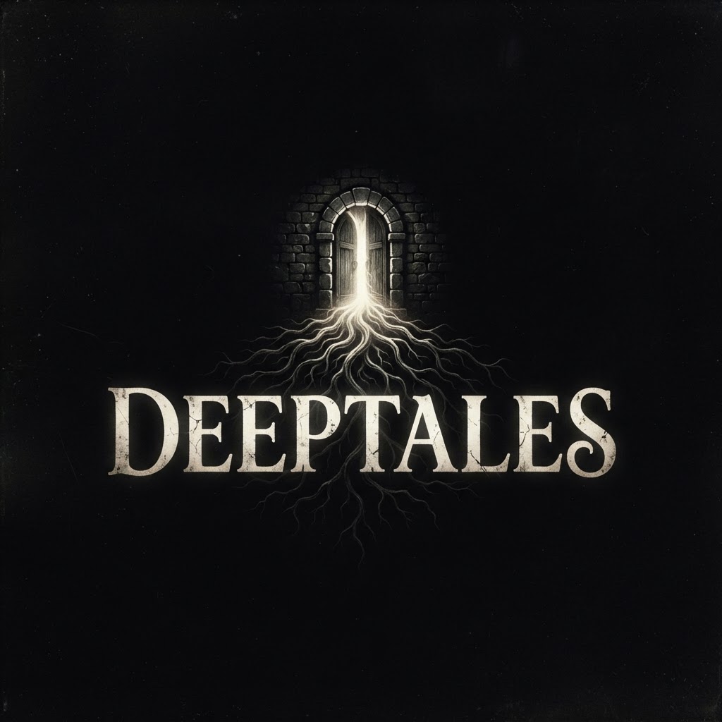 DEEPTALES wordmark — a door ajar, light spilling into forking paths